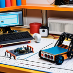 A beginner-friendly robotics workspace featuring Arduino boards, sensors (infrared, ultrasonic), breadboards, and a partially assembled line follower robot. The scene should emphasize learning and experimentation with basic electronics.