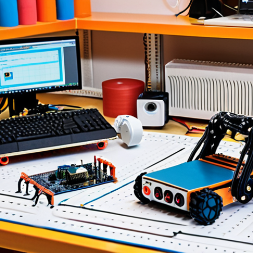 Home 15 A beginner-friendly robotics workspace featuring Arduino boards, sensors (infrared, ultrasonic), breadboards, and a partially assembled line follower robot. The scene should emphasize learning and experimentation with basic electronics.