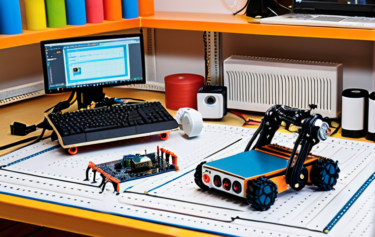 A beginner-friendly robotics workspace featuring Arduino boards, sensors (infrared, ultrasonic), breadboards, and a partially assembled line follower robot. The scene should emphasize learning and experimentation with basic electronics.