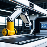 A state-of-the-art industrial robot, designed with a sleek, metallic body and multiple advanced camera sensors on its head, meticulously performing quality control on an array of microchips on a pristine, well-lit assembly line in a modern, automated factory. The robot's casing is fully intact, showcasing its complex yet elegant engineering. The environment is spotless and brightly illuminated. professional photography, ultra-realistic rendering, high detail, crisp focus, cinematic lighting, perfect anatomy, correct proportions, well-formed components, natural pose, safe for work, appropriate content, fully clothed (referring to the robot's complete and enclosed structure), professional setting, family-friendly.