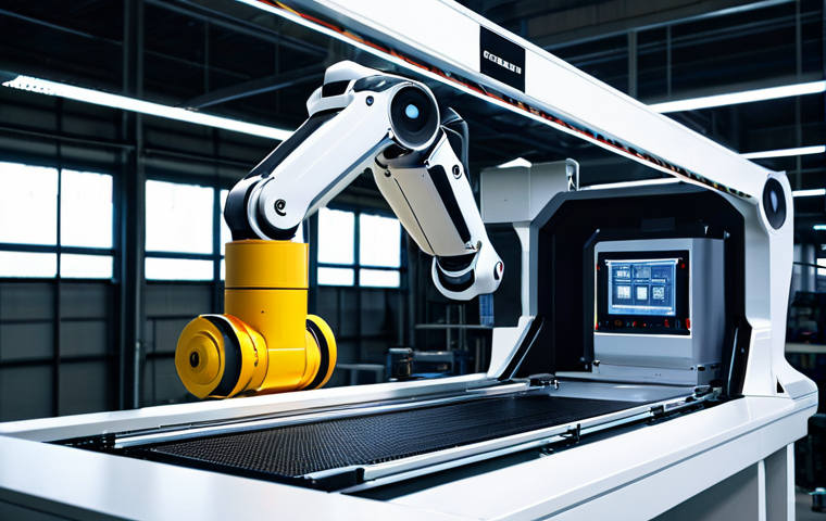 A state-of-the-art industrial robot, designed with a sleek, metallic body and multiple advanced camera sensors on its head, meticulously performing quality control on an array of microchips on a pristine, well-lit assembly line in a modern, automated factory. The robot's casing is fully intact, showcasing its complex yet elegant engineering. The environment is spotless and brightly illuminated. professional photography, ultra-realistic rendering, high detail, crisp focus, cinematic lighting, perfect anatomy, correct proportions, well-formed components, natural pose, safe for work, appropriate content, fully clothed (referring to the robot's complete and enclosed structure), professional setting, family-friendly.