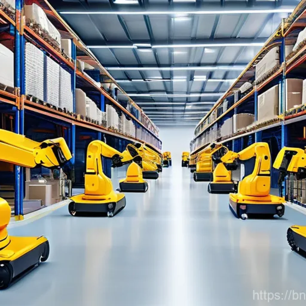 로봇 윤리 가이드라인 - **Prompt:** A bustling, futuristic smart warehouse, brightly lit and highly organized. Agile, sleek ...