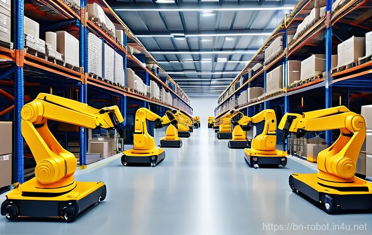 로봇 윤리 가이드라인 - **Prompt:** A bustling, futuristic smart warehouse, brightly lit and highly organized. Agile, sleek ...