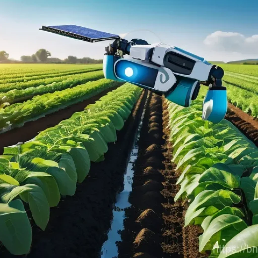 로봇의 친환경 기술 - **A highly detailed, cinematic shot of a futuristic agricultural robot working in a vibrant, sun-dre...