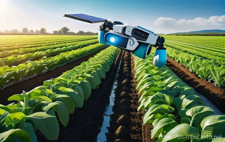 로봇의 친환경 기술 - **A highly detailed, cinematic shot of a futuristic agricultural robot working in a vibrant, sun-dre...