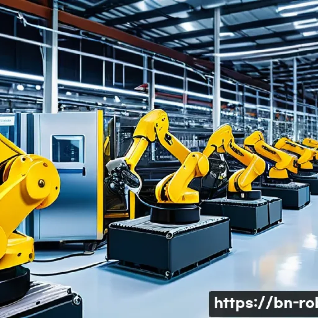 로봇 공학과 기계공학 - A detailed industrial factory scene showcasing advanced mechanical engineering and robotics integrat...