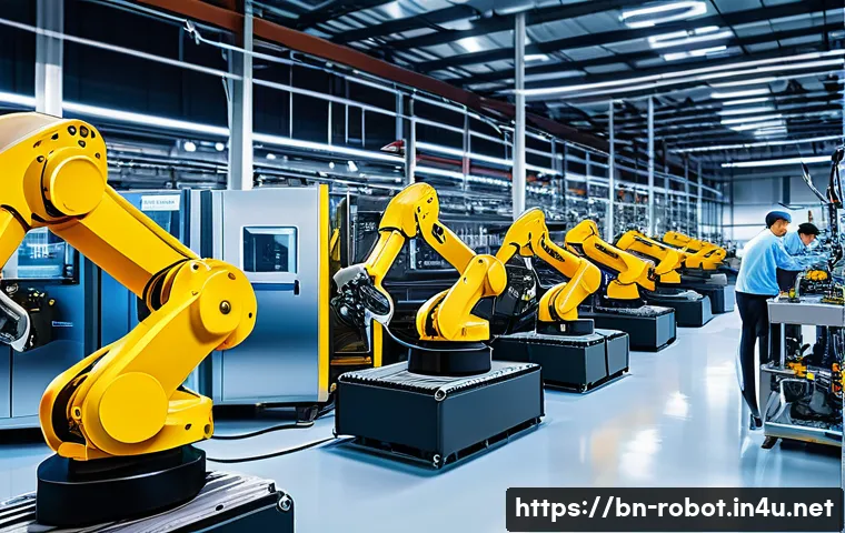 로봇 공학과 기계공학 - A detailed industrial factory scene showcasing advanced mechanical engineering and robotics integrat...