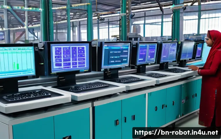 로봇과 엣지 컴퓨팅 - A high-tech smart factory scene in Bangladesh, showcasing automated machines with local data process...