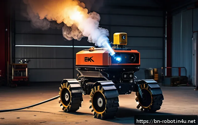 로봇을 활용한 화재 진압 기술 - A highly detailed firefighting robot equipped with advanced multi-sensor technology including therma...