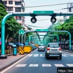 Home 20 로봇을 활용한 스마트 시티 - A futuristic urban street scene in a smart Bengali city featuring robotic traffic lights and advance...