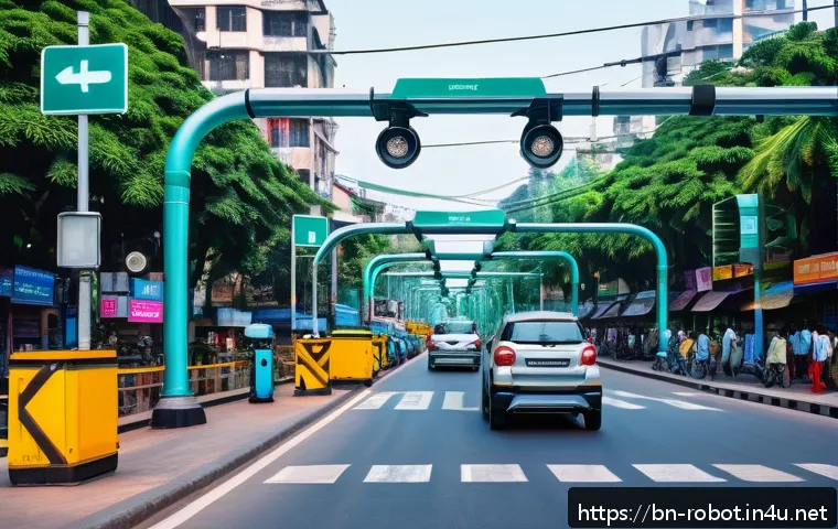 로봇을 활용한 스마트 시티 - A futuristic urban street scene in a smart Bengali city featuring robotic traffic lights and advance...