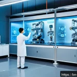 Home 19 로봇공학 역사 - A detailed futuristic laboratory scene showcasing the evolution of robotics from ancient mechanical ...