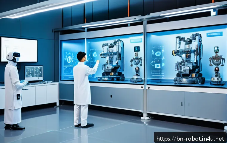 로봇공학 역사 - A detailed futuristic laboratory scene showcasing the evolution of robotics from ancient mechanical ...
