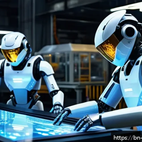 Home 30 로봇의 초고속 데이터 처리 기술 - A futuristic industrial factory scene showcasing advanced robots rapidly analyzing vast streams of d...