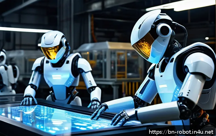 로봇의 초고속 데이터 처리 기술 - A futuristic industrial factory scene showcasing advanced robots rapidly analyzing vast streams of d...