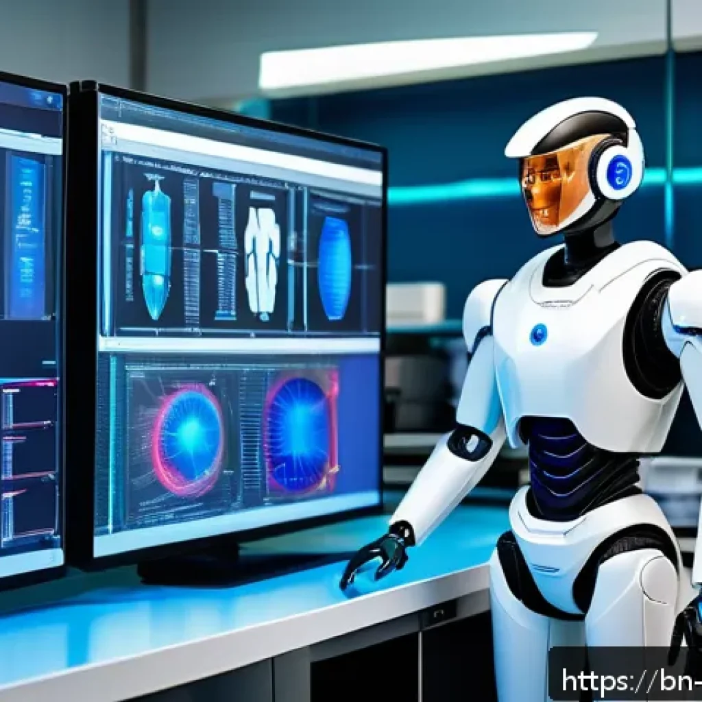 로봇을 위한 강화 학습 기법 - A futuristic robot in a high-tech lab environment, analyzing complex sensor data from multiple sourc...