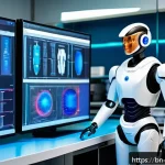 Home 23 로봇을 위한 강화 학습 기법 - A futuristic robot in a high-tech lab environment, analyzing complex sensor data from multiple sourc...