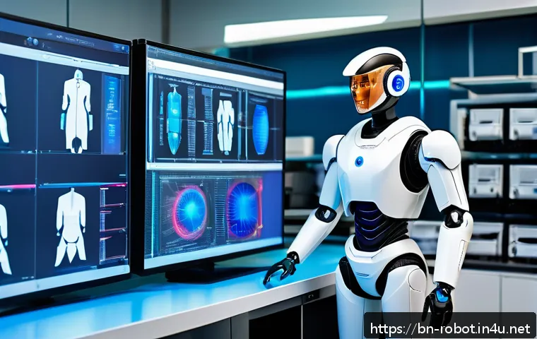 로봇을 위한 강화 학습 기법 - A futuristic robot in a high-tech lab environment, analyzing complex sensor data from multiple sourc...