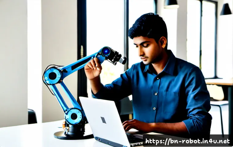 로봇 공학과 소프트웨어 개발 - Photorealistic university robotics laboratory, a focused young South Asian engineer assembling a com...