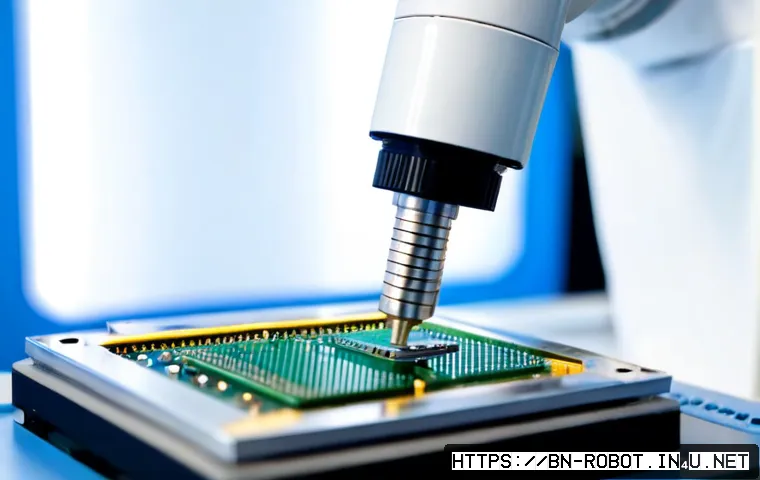 로봇의 반도체 기술 발전 - Photorealistic close-up of an advanced robotic arm precisely placing a tiny silicon chip onto a circ...